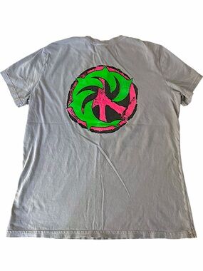 WRV Ladies Graphic Tee Neon Green and Pink Dolphin Peace Sign Grey Surf Size S